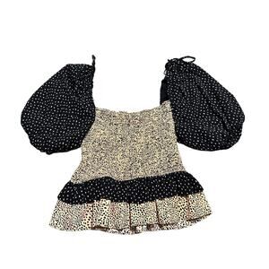 La' Ven Women's Puff Sleeve Smocked Brown and Black Dot Top Size Large